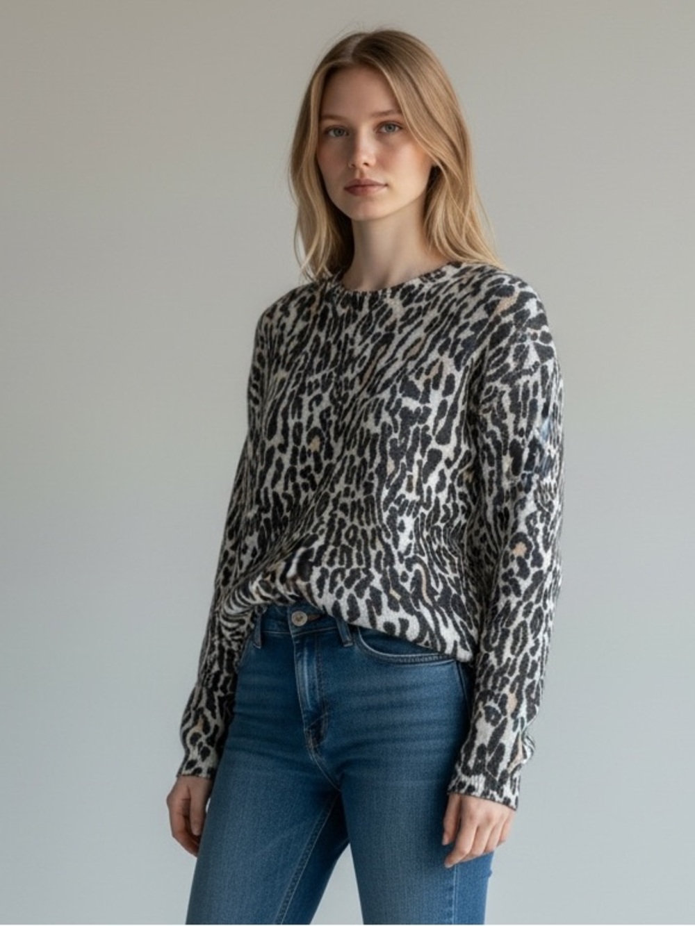 Ballinger Gold Women’s Leopard Print Lambswool Angora Sweater – Size Large
